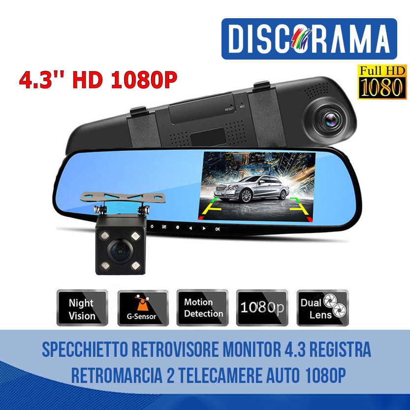 Monitor Retrovisore Auto 4,3 Pollici Con Telecamera Notturna A 8 LED Impermeabile, Due Ingressi Video