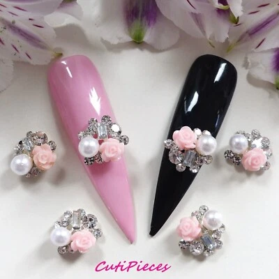 LUXURY NAIL CRAFT 3D Nail Art Wedding Silver Pink Cluster Gem Flower Rhinestones Pearl Alloy Metal