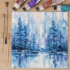 Abstract Forest Oil Painting Original Blue Pine Tree Mountain Lake Painting Fog