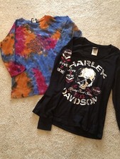 2- Vintage Y2k Harley Davidson Long Sleeve T-Shirt Womens Black SKULLS TYE DYE