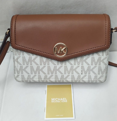 Michael Kors Joey Vanilla Brown Leather MK Print Crossbody Bag - NWT $258