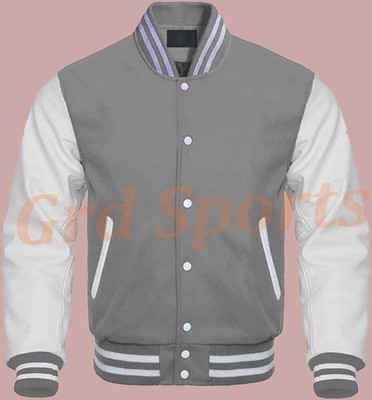 Varsity Letterman Baseball Bomber Jacket Gray Wool and White Leather Sleeves