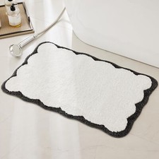 Luxury Microfiber Bathroom Rugs White and Black Scalloped Piping Bath Rug Cut...
