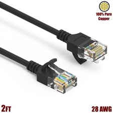 2FT Cat6A RJ45 Slim Ethernet LAN Network Cable UTP Gold 28AWG Copper Wire Black