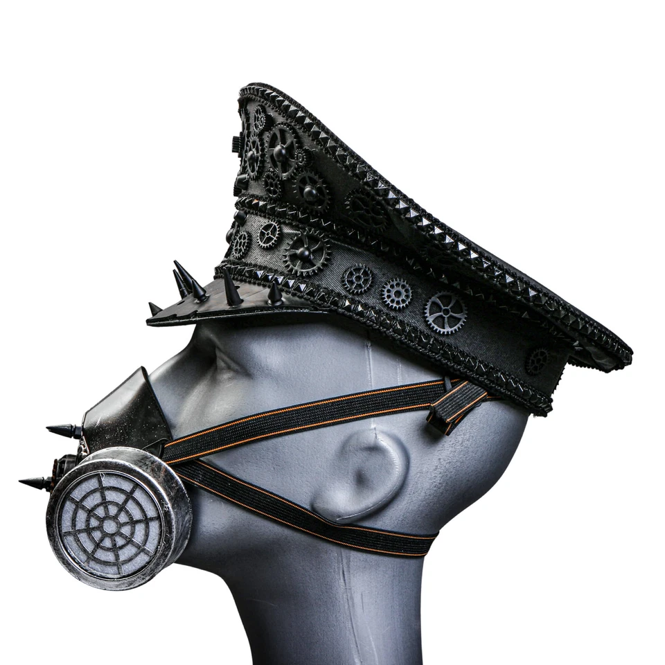 Gorra Capitán Steampunk Negra con Máscara de Gas de Fiesta Plateada Disfraz de Halloween Foto 3 de 4