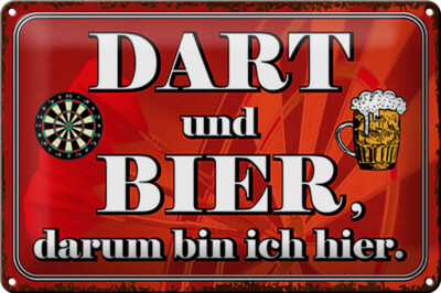 Blechschild Spruch 30x20cm Dart und Bier darum bin ich hier Deko Schild tin sign