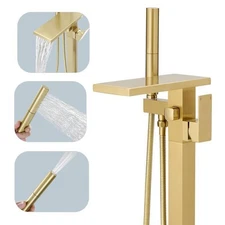 Freestanding Tub Filler Bathtub Waterfall Faucet Brushed Gold Floor Mount