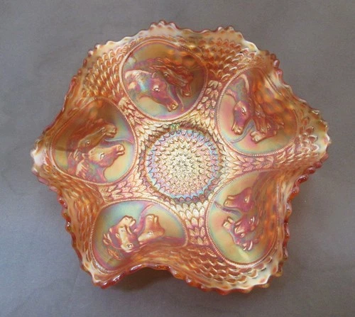 Antique Fenton Golden Carnival Glass "Horse Medallion" Ruffled Rim Candy Bowl EC