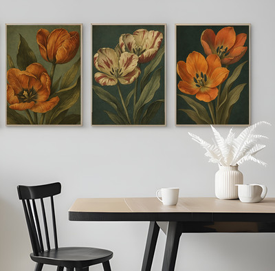 3er Set kräftige Tulpenblüten mit Blättern Blumen Botanik Poster Kneipe Druck A3 A4 A5