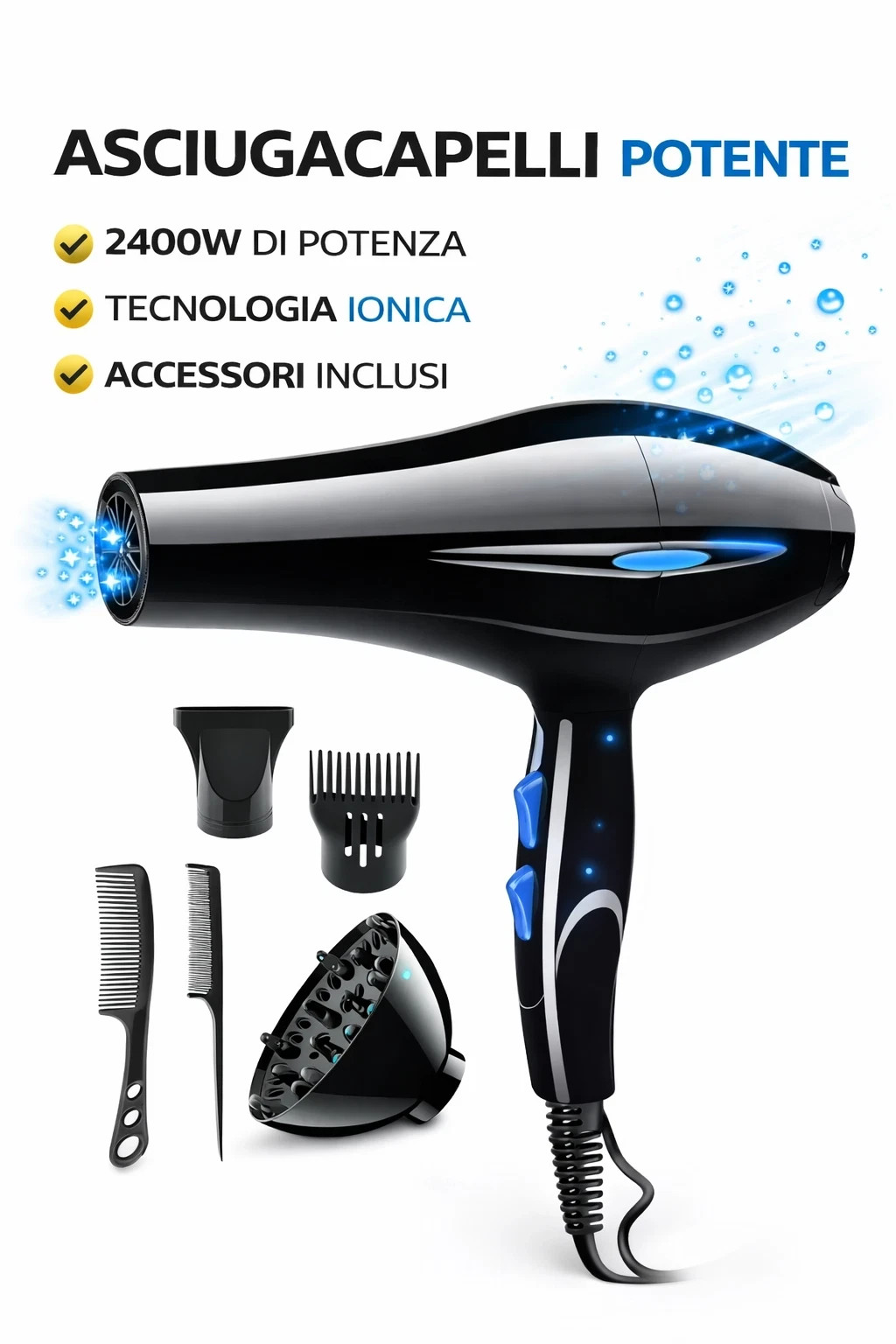 Phon Asciugacapelli 4 in 1 Ionico 3800W Professionale con Diffusore
