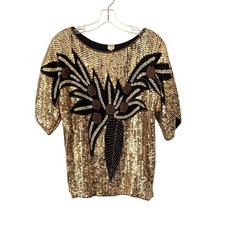 Vintage Gold Sequin Floral Leaf Top Beaded Pearl Disco Blouse size small