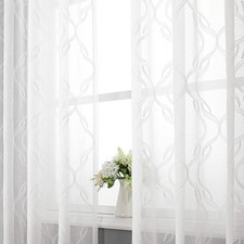 Sheer Curtains 84 Inches Long 2 Panels Set, White Moroccan Embroidery Texture...