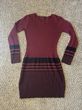BCX Dress Large Burgundy Black Stripe Ribbed Knit Sweater Dress Long Sleeve