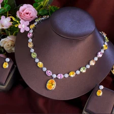 Colorful Silver Plated CZ Oval Cut Necklace Earrings Set for Brides Prom Jewelry