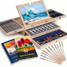 85-Piece Wooden Tabletop Art Easel Set   Acrylic, Paints, Brushes, w/Sketch Pads