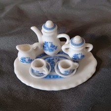 Porcelain Dollhouse Miniature Tea  Coffee Set 1:12 Blue/White w/ Tray 9pc 