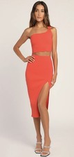 Lulus Orange Ribbed One-Shoulder Two-Piece Midi Dress Skirt Set Medium