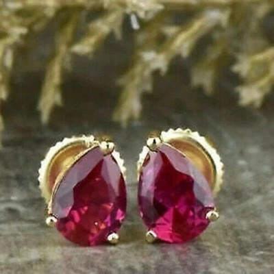 2ct Pear Cut Lab Created Ruby Pink Women Stud Earring 14K Yellow Gold Plated