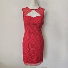 Guess Size M Bodycon Midi Dress Red Lace Sleeveless Sheer Back Zip Cocktail