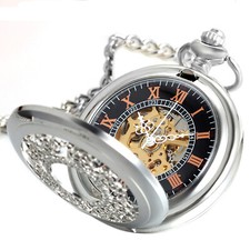 Mens Mechanical Silver Tone Steampunk Pocket Watch Skeleton Retro Chain Luxury