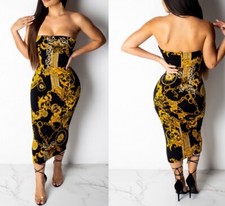 Women's Personality Fashion Gold Chain Print Sleeveless Backless Slim Dress New