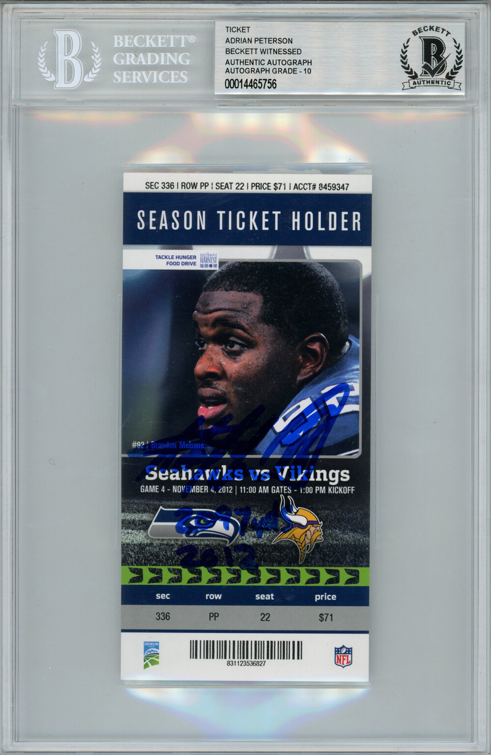 Adrian Peterson Autographed Signed 11/4/2012 Ticket Stub 2097 Yds Beckett Slab 38697 
