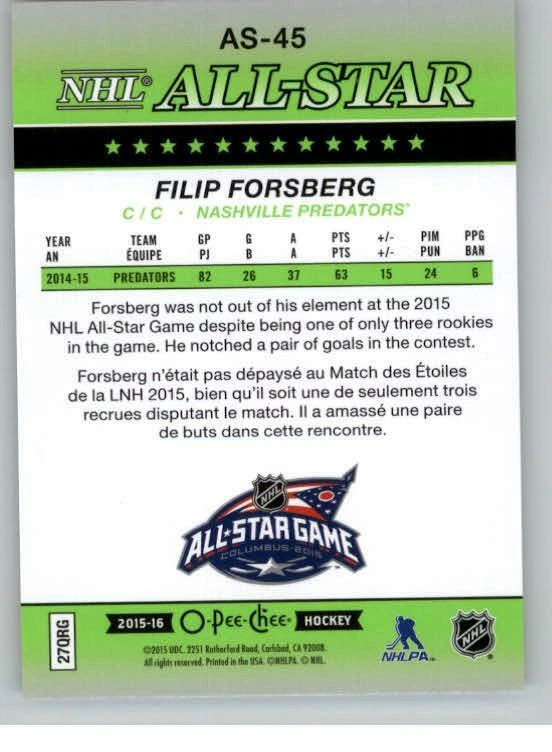 2015-16 O-Pee-Chee All-Star Glossy #AS45 Filip Forsberg (ref 130906) - Image 2 of 2