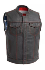 Men's Black Cowhide Leather Motorcycle Club Vest with USA Flag Inner Lining Bike