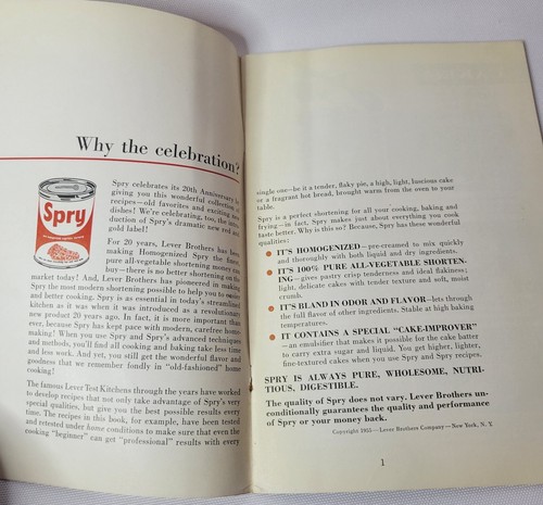 Vtg 1955 Spry 20th Anniv. Shortening Easy Home Baking Cook Booklet Lever Brother - Picture 3 of 8