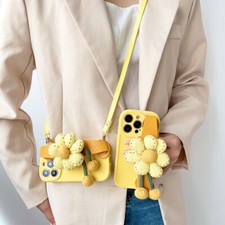 For iPhone 16 Pro Max 15 14 13 12 11 XR 7 Cute Flower Soft Phone Case W/ Lanyard