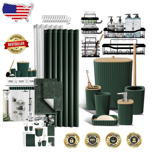 Boho Hunter grün 27-teiliges Badaccessoires Set mit selbstklebendem Caddy