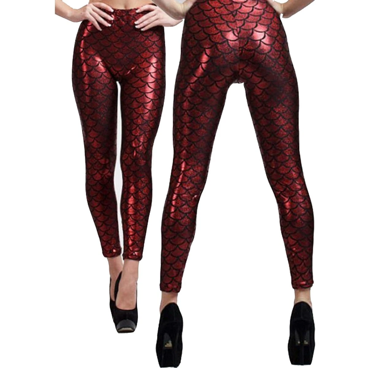 Red MERMAID LEGGINGS Holographic Clubwear Rave Disco Party Womens