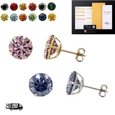 14K Gold GRA Certified D-VVS1 Round Colored Moissanite Push Back Studs Earrings