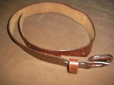 UNMARKED LEATHER BELT, ENGRAVED. LEATHER BUCKLE. GENUINE LEATHER, 28"