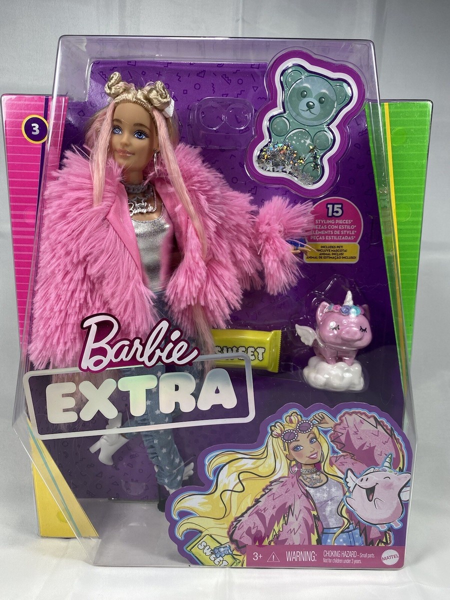 BRAND NEW Barbie Extra Doll in Pink Coat With Pet Unicorn Pig 2020 FAST  SHIP