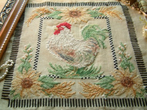 Vintage French Country Beautiful Sunflowers Rooster Preworked Needlepoint Canvas - Picture 1 of 5