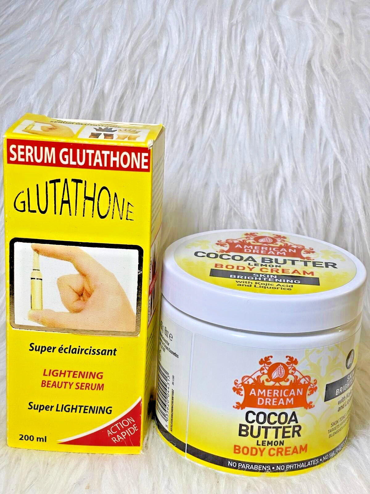 Sérum glutathione et crème cocoa butter kojic contre les taches sombres et la peau sèche