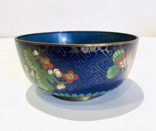 Antique Chinese Floral Cloisonne Blue Enamel Bowl 4 1/2” Pink Yellow Flowers - Picture 3 of 7