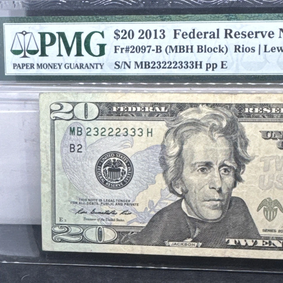 PMG $20 2013 #MB23222333H Federal Reserve Note New York Rios / Lew Very Fine 30 - Image 3 of 4