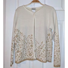 Knitmakers Sweater Womens Small White & Gold Flowers Cardigan Vintage