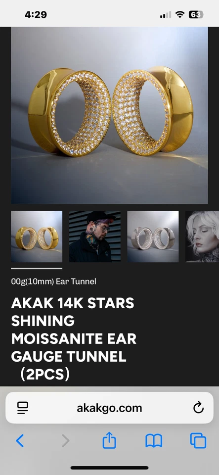 Túneles de calibre de oreja 2 pares, chapados en oro de 1 y 1/2 pulgada con incrustaciones de moissanita Foto 2 de 3