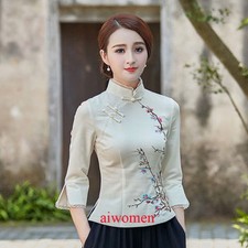 Women Chinese QiPao Cheongsam Tops Blouse Tang Suits Casual Slim Retro T-shirts