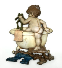 RARE Sexton 1970 Cast Metal Wall Hanging Art Little Boy Frog Taking A Bath Tub