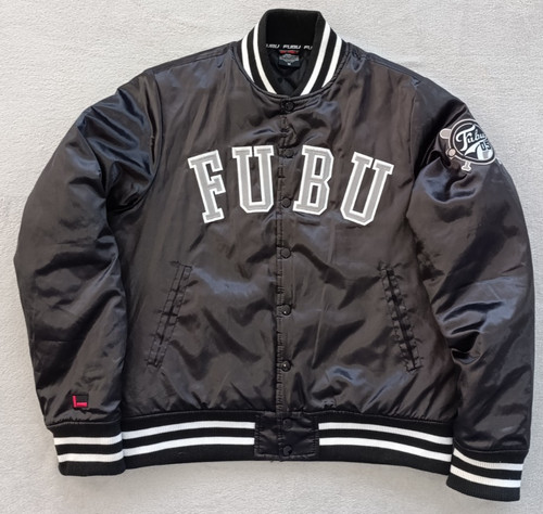FUBU 05 Big Logo mens vintage Y2K Black Bomber Varsity Jacket size M