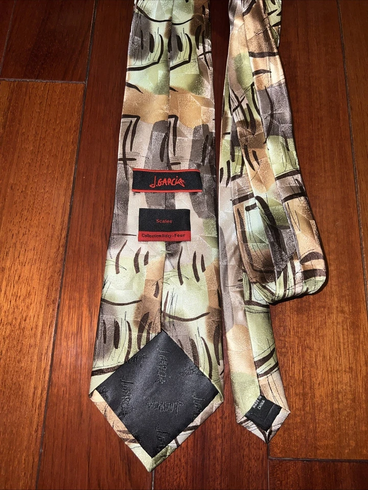 Corbata de seda Jerry Garcia para hombre colección cincuenta y cuatro, escamas verde, beige, gris Foto 3 de 3