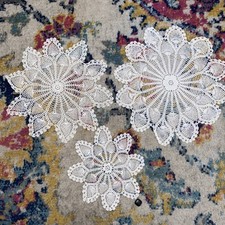 Round Crochet Table/Dresser Topper Doily Vintage Set Of 3 Cream Color 2 