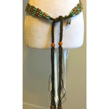 VTG Wood Beaded Boho Belt Fringe Hippie Chic Gypsy Blue Brown Long MUDD 90s