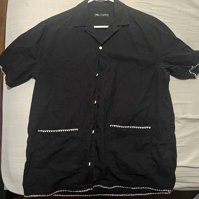 Zara Men's Black Linen Woven Short Sleeve Solid Button-Up Shirt Size M