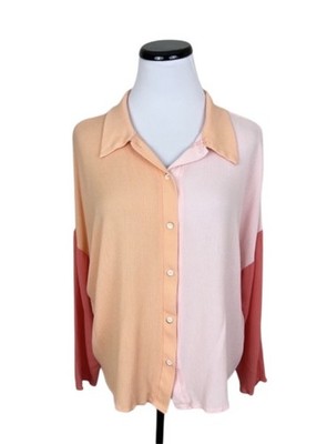 Ces Femme Textured Long Sleeve Color Block Button Front Shirt Pink Orange Medium