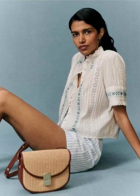 Sezane French-style summer blouse with embroidered lace and flutter sleeves
